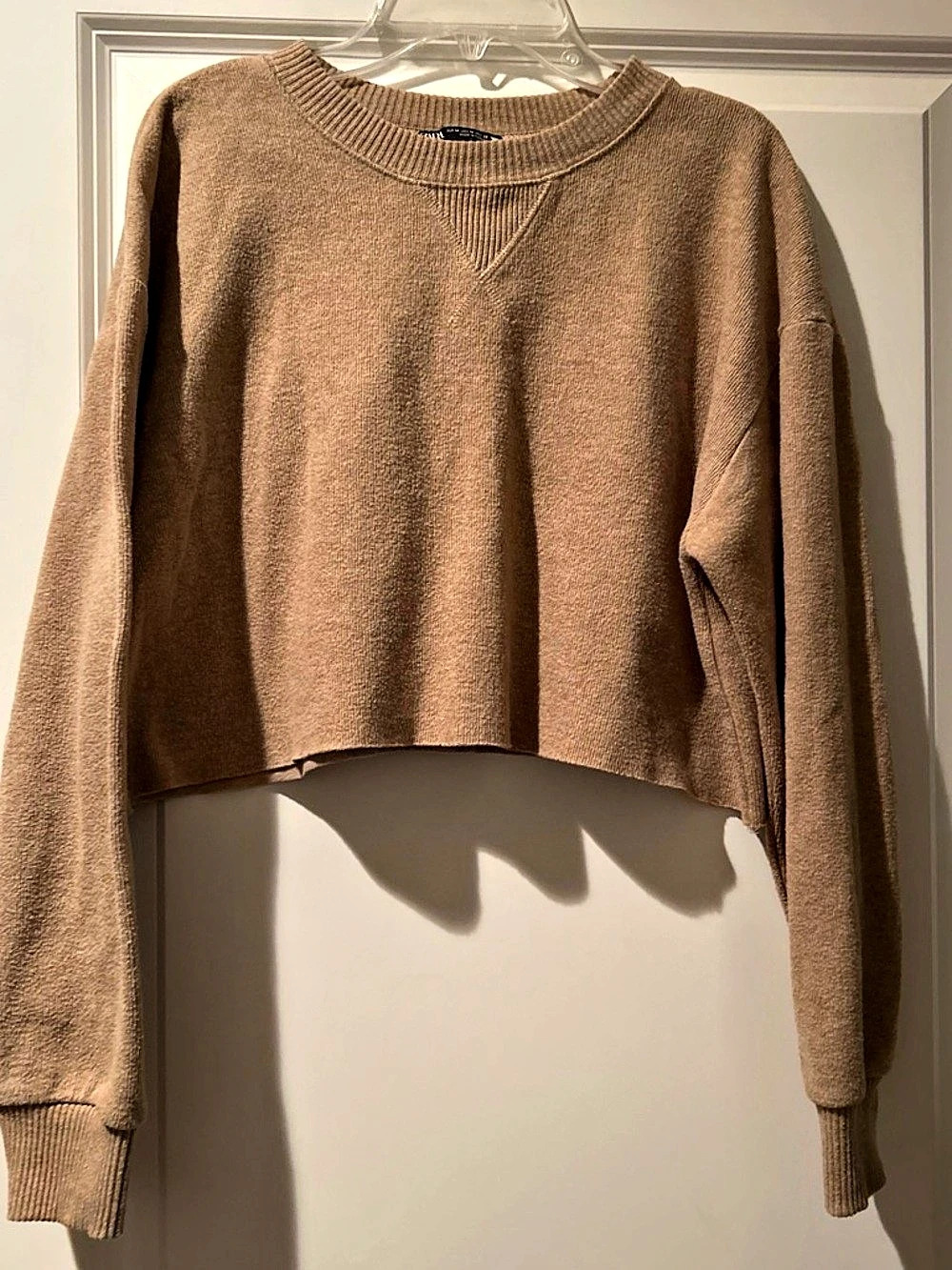 Zara Cropped Crewneck Sweater Brown Tan Size Medium